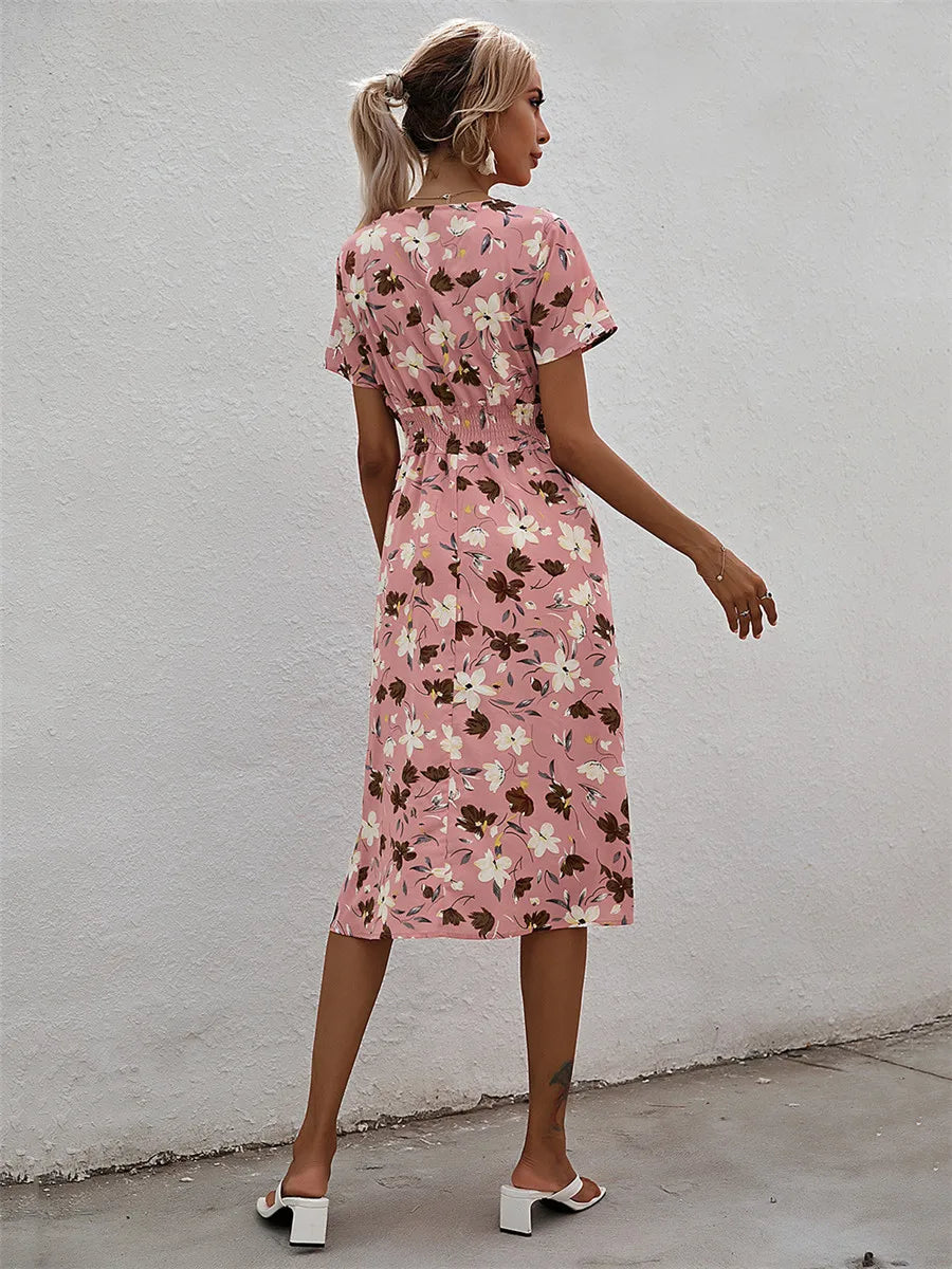 Fashion Summer 2025 for Women Long Short Sleeve Female Chic Clothing Floral Holiday Clothes Midi Dress