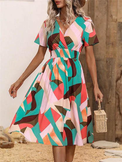 Fashion Summer 2025 for Women Long Short Sleeve Female Chic Clothing Floral Holiday Clothes Midi Dress