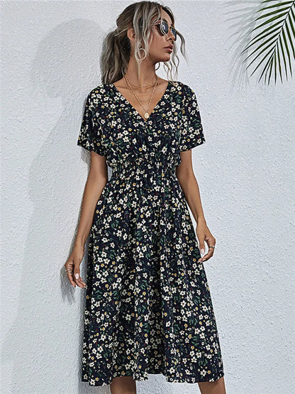Fashion Summer 2025 for Women Long Short Sleeve Female Chic Clothing Floral Holiday Clothes Midi Dress