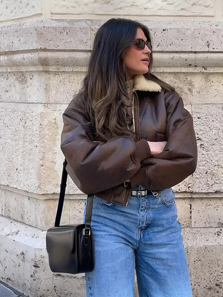Stylish Lapel Zipper Leather Jacket Chic Double-sided Jacket
