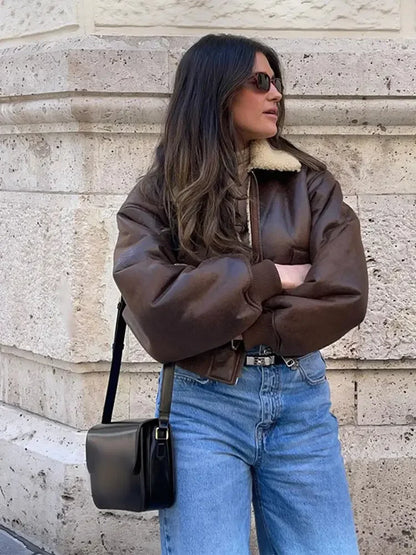 Stylish Lapel Zipper Leather Jacket Chic Double-sided Jacket