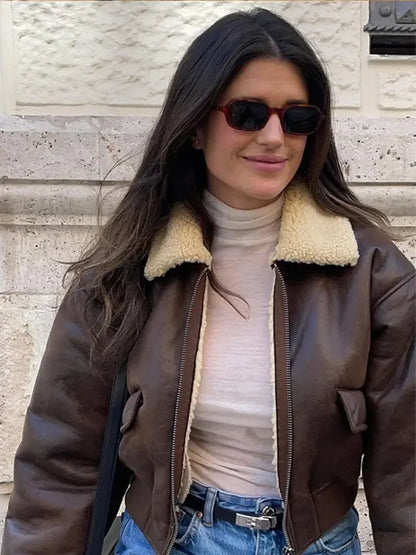 Stylish Lapel Zipper Leather Jacket Chic Double-sided Jacket