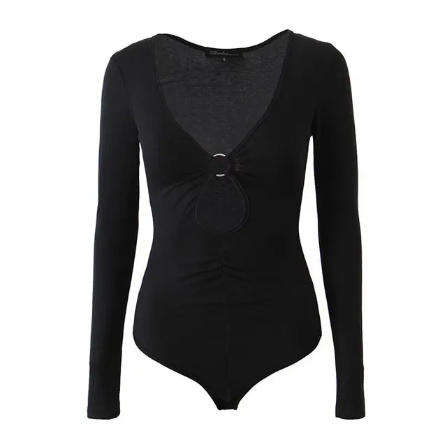 Fashion Women¡¯s Long-sleeved Bodysuit Solid Color Hollow Low-cut V-neck Jumpsuit Sexy Spicy Girl Top Club Y2k Clothing