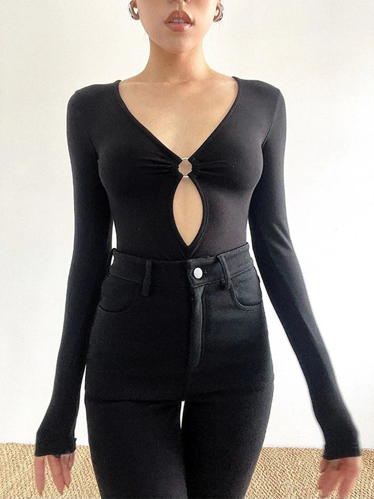 Fashion Women¡¯s Long-sleeved Bodysuit Solid Color Hollow Low-cut V-neck Jumpsuit Sexy Spicy Girl Top Club Y2k Clothing
