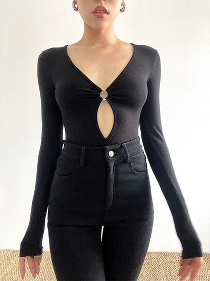Fashion Women¡¯s Long-sleeved Bodysuit Solid Color Hollow Low-cut V-neck Jumpsuit Sexy Spicy Girl Top Club Y2k Clothing