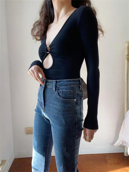 Fashion Women¡¯s Long-sleeved Bodysuit Solid Color Hollow Low-cut V-neck Jumpsuit Sexy Spicy Girl Top Club Y2k Clothing
