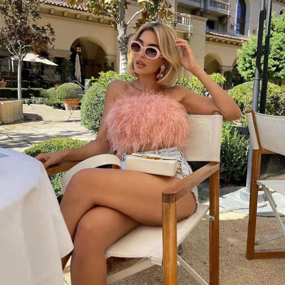 DressBetty - Faux Ostrich Feather Soft Fur Tank Short Vest Colorful Sexy Backless Nightclub Tube Top