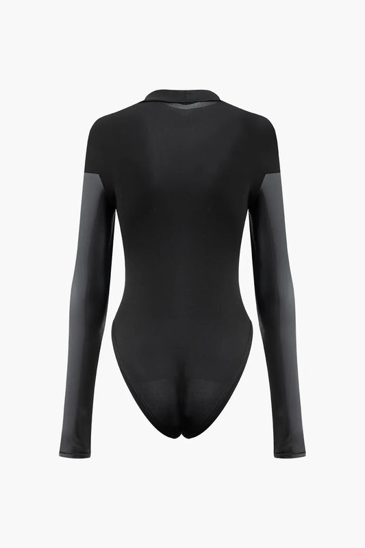Felixa Black Faux Leather Paneled Long Sleeve Bodysuit