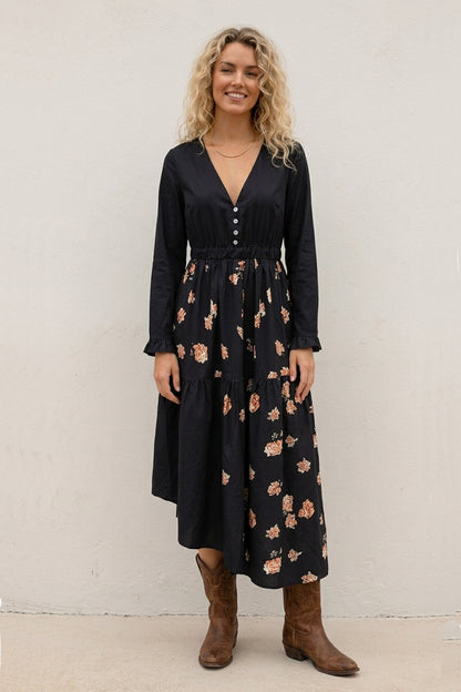 Floral Print Irregular Hem Retro Midi Dress