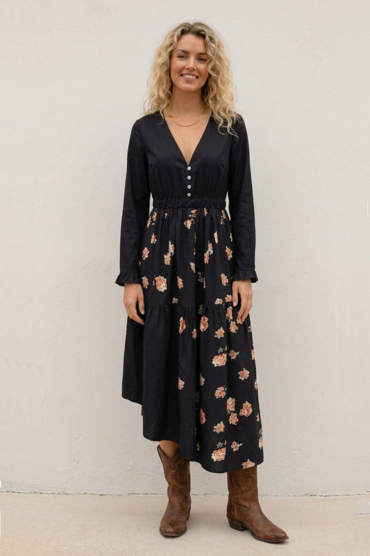Floral Print Irregular Hem Retro Midi Dress