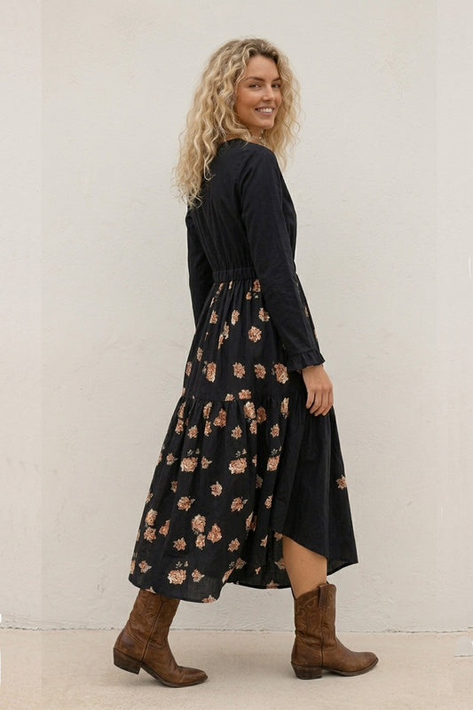Floral Print Irregular Hem Retro Midi Dress
