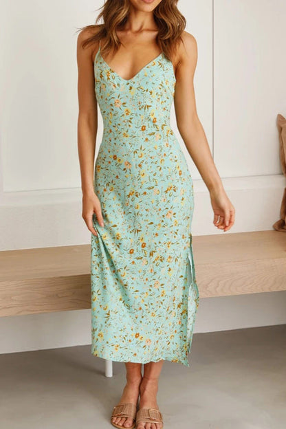 Floral Print Low Cut Slit Cami Dress