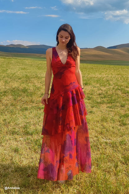 Floral Print Tie-up Back Chiffon Tiered Dress