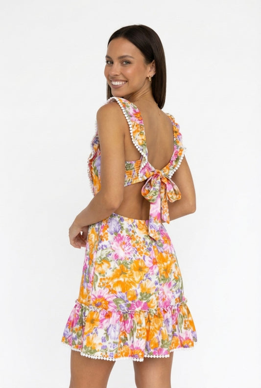 Floral Ruffle Back Tie Mini Dress