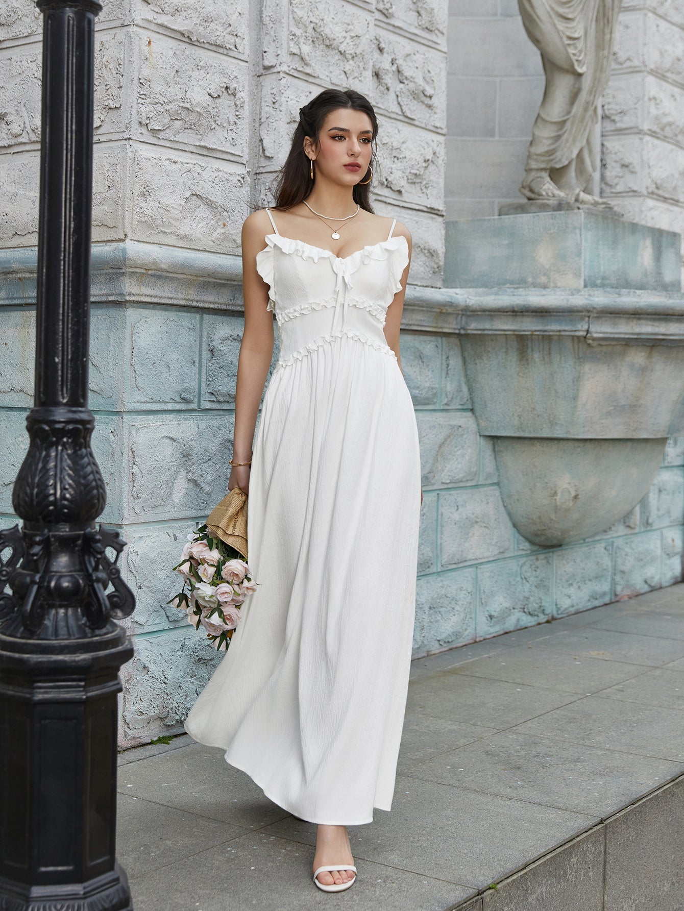 Flounce Trim Tie Front Solid Cami Long Dress
