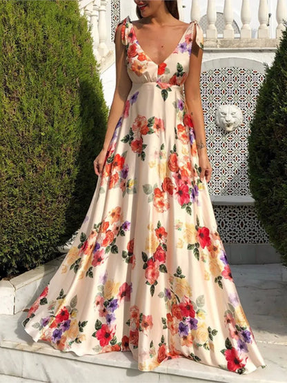 Flower Print Bowknot Leace-up Sleeveless Long Dresses Women Sexy V-neck Backless Evening Party Maxi Dress 2025 Spring Summer New
