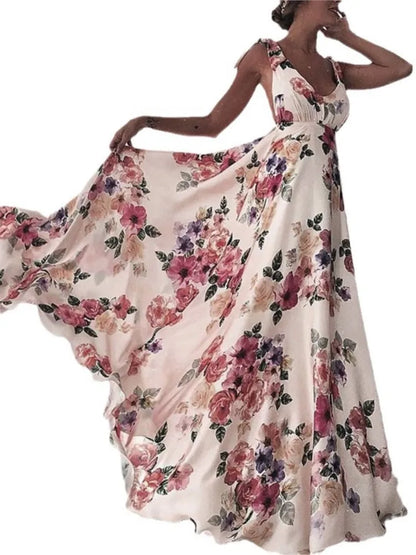 Flower Print Bowknot Leace-up Sleeveless Long Dresses Women Sexy V-neck Backless Evening Party Maxi Dress 2025 Spring Summer New