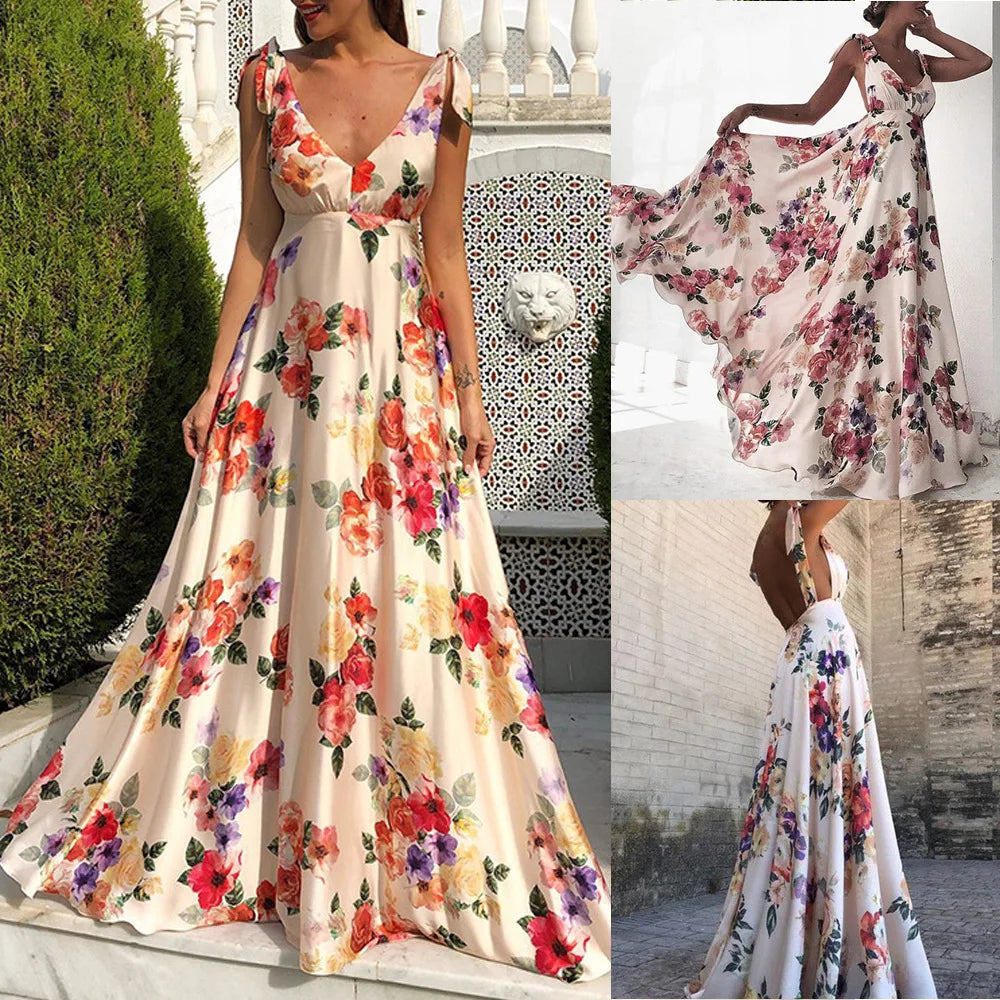 Flower Print Bowknot Leace-up Sleeveless Long Dresses Women Sexy V-neck Backless Evening Party Maxi Dress 2025 Spring Summer New