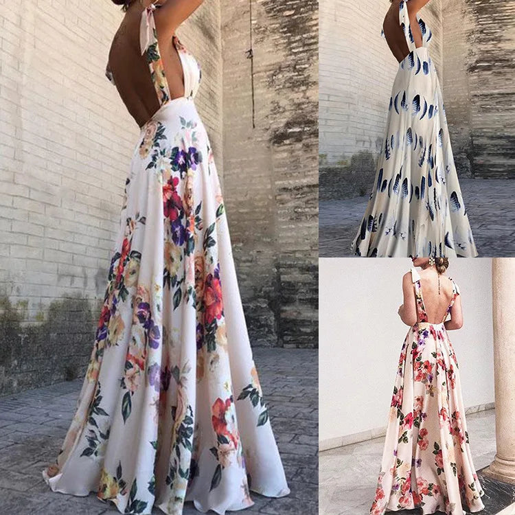 Flower Print Bowknot Leace-up Sleeveless Long Dresses Women Sexy V-neck Backless Evening Party Maxi Dress 2025 Spring Summer New