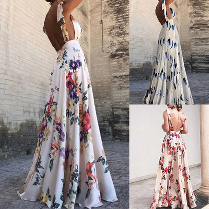 Flower Print Bowknot Leace-up Sleeveless Long Dresses Women Sexy V-neck Backless Evening Party Maxi Dress 2025 Spring Summer New