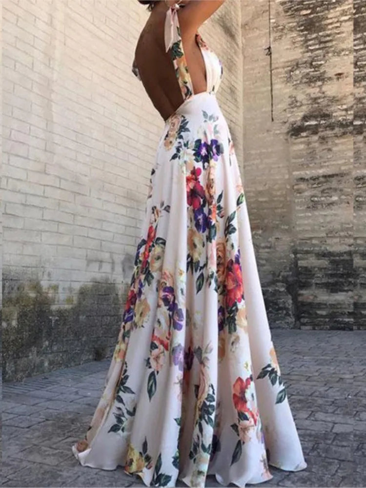 Flower Print Bowknot Leace-up Sleeveless Long Dresses Women Sexy V-neck Backless Evening Party Maxi Dress 2025 Spring Summer New