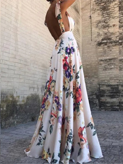 Flower Print Bowknot Leace-up Sleeveless Long Dresses Women Sexy V-neck Backless Evening Party Maxi Dress 2025 Spring Summer New