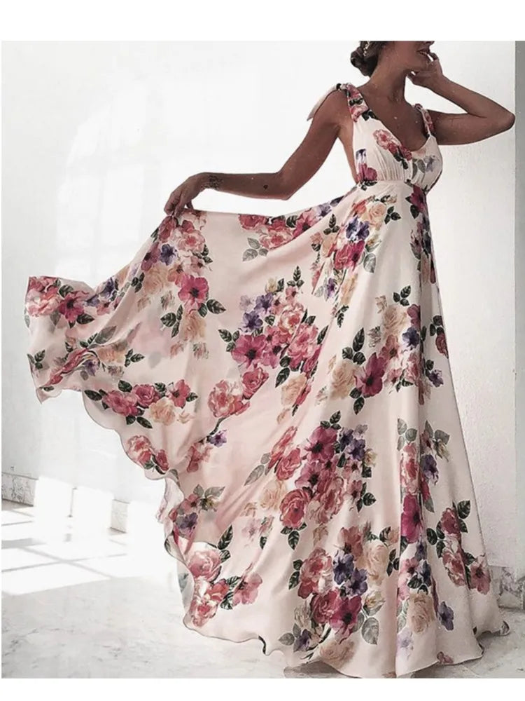 Flower Print Bowknot Leace-up Sleeveless Long Dresses Women Sexy V-neck Backless Evening Party Maxi Dress 2025 Spring Summer New