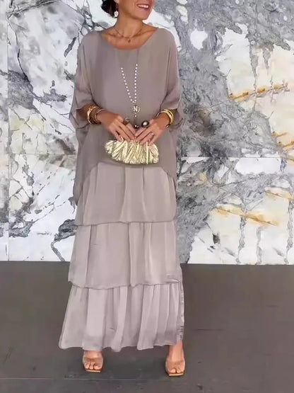 Flower Print Chiffon Dresses Women Fashion Temperament O Neck Bat Sleeve Layered Cake Dress Female Spring Summer New Vestidos