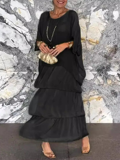 Flower Print Chiffon Dresses Women Fashion Temperament O Neck Bat Sleeve Layered Cake Dress Female Spring Summer New Vestidos