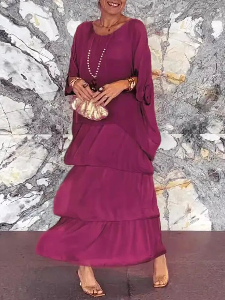 Flower Print Chiffon Dresses Women Fashion Temperament O Neck Bat Sleeve Layered Cake Dress Female Spring Summer New Vestidos
