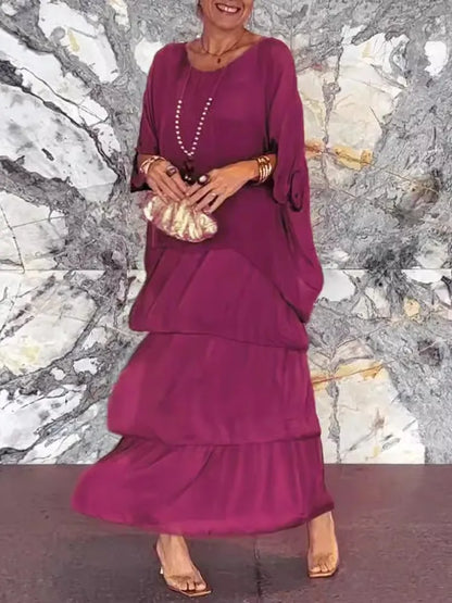 Flower Print Chiffon Dresses Women Fashion Temperament O Neck Bat Sleeve Layered Cake Dress Female Spring Summer New Vestidos
