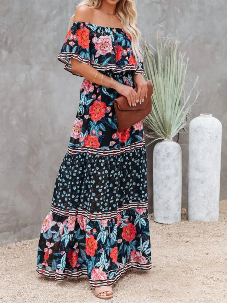 Flower Print Off Shoulder Long Dresses For Women Spring Summer New Fashion Temperament High Waist Leace-up Dress Female Vestidos