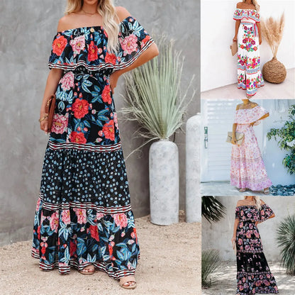 Flower Print Off Shoulder Long Dresses For Women Spring Summer New Fashion Temperament High Waist Leace-up Dress Female Vestidos