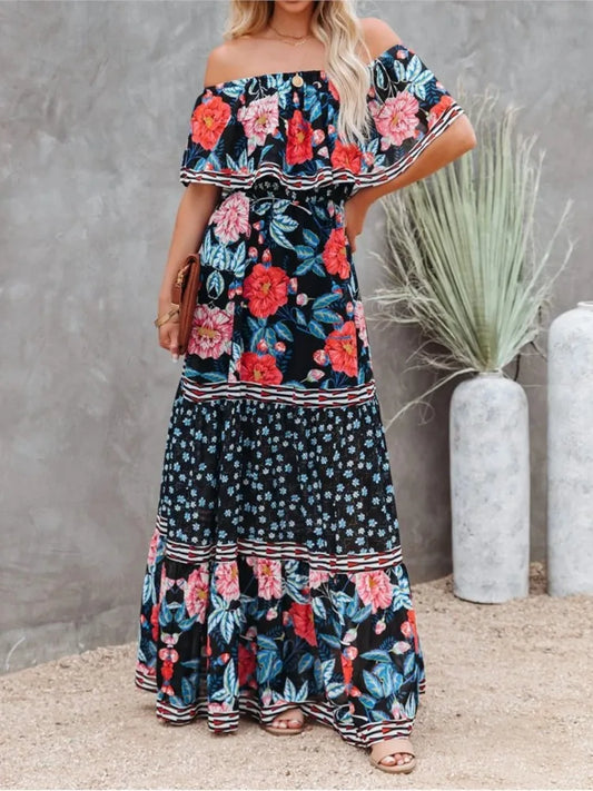 Flower Print Off Shoulder Long Dresses For Women Spring Summer New Fashion Temperament High Waist Leace-up Dress Female Vestidos