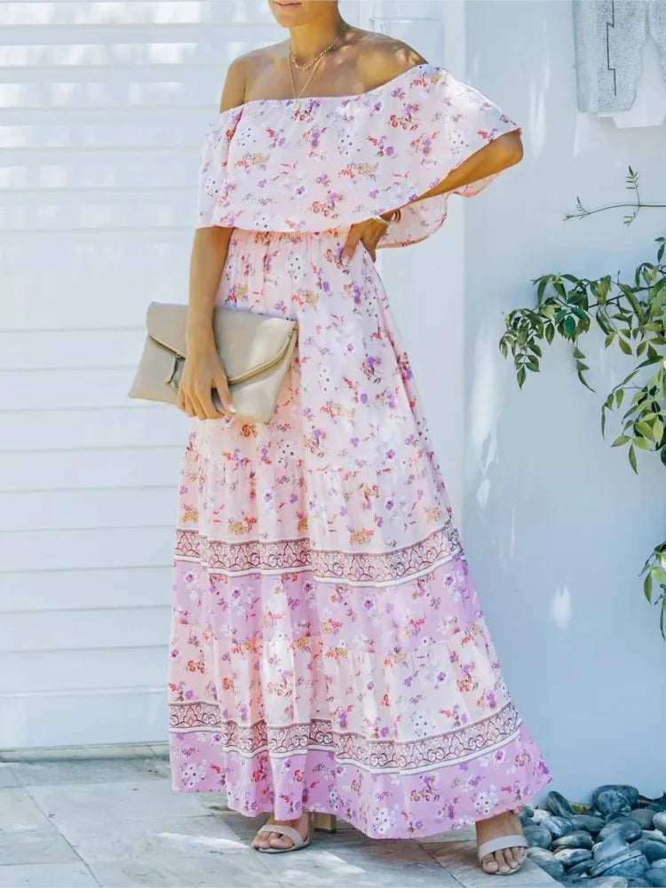 Flower Print Off Shoulder Long Dresses For Women Spring Summer New Fashion Temperament High Waist Leace-up Dress Female Vestidos