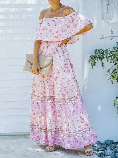 Flower Print Off Shoulder Long Dresses For Women Spring Summer New Fashion Temperament High Waist Leace-up Dress Female Vestidos