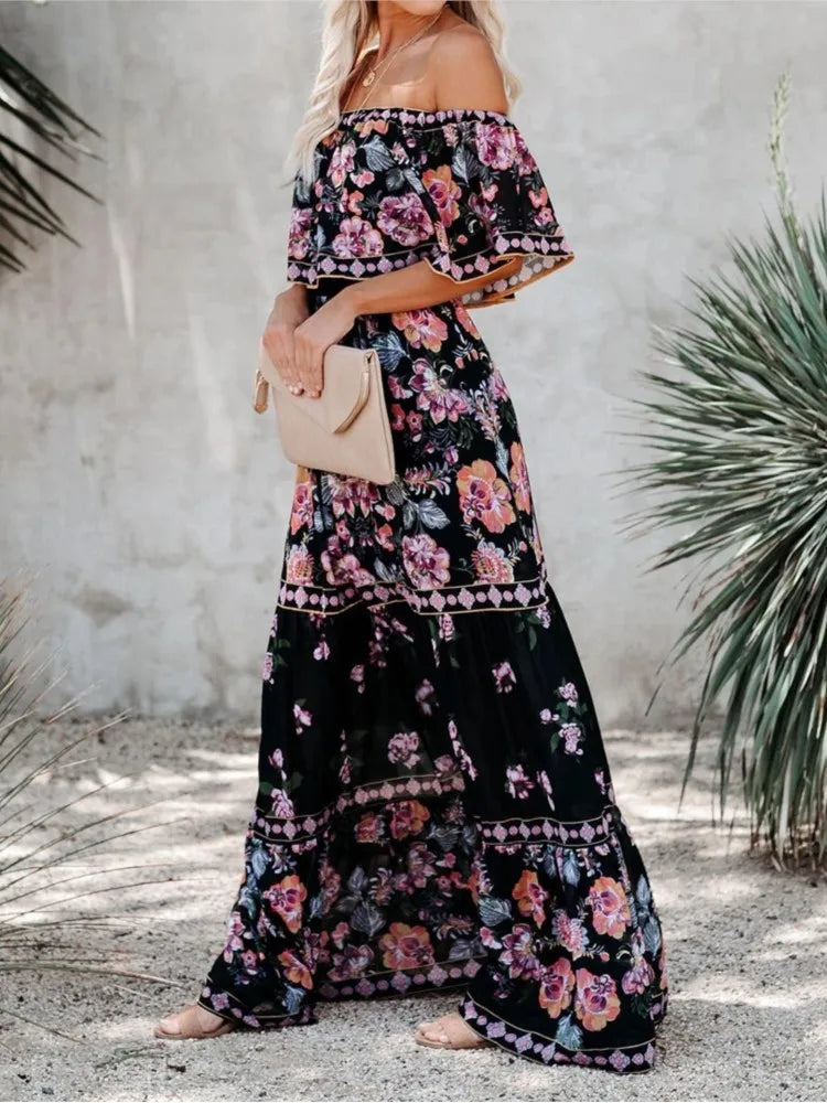 Flower Print Off Shoulder Long Dresses For Women Spring Summer New Fashion Temperament High Waist Leace-up Dress Female Vestidos