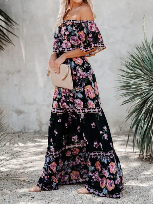Flower Print Off Shoulder Long Dresses For Women Spring Summer New Fashion Temperament High Waist Leace-up Dress Female Vestidos