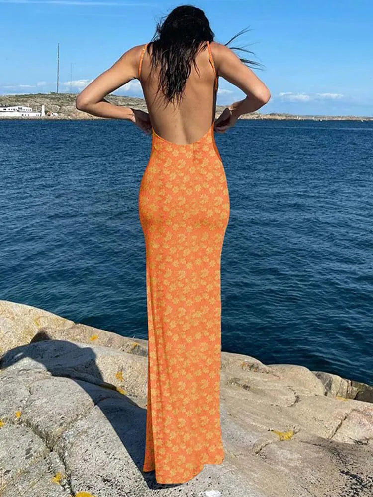 FashionSierra - Flower Print Slip Sleeveless Slim 2025 Spring Women Elegant Streetwear Party Clothing Concise Maxi Dress