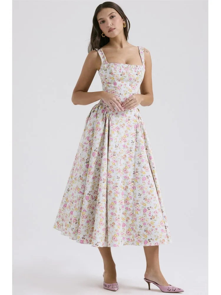 Flower Print Spaghetti Strap Dresses Women Fashion Sexy Backless Low Cut Folds Vacation Style Slim Midi Dress Female Vestidos