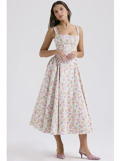 Flower Print Spaghetti Strap Dresses Women Fashion Sexy Backless Low Cut Folds Vacation Style Slim Midi Dress Female Vestidos