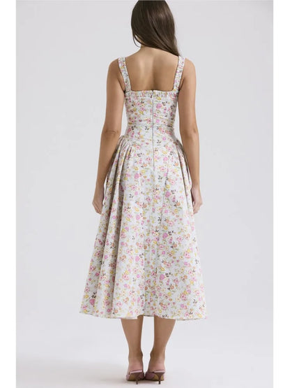 Flower Print Spaghetti Strap Dresses Women Fashion Sexy Backless Low Cut Folds Vacation Style Slim Midi Dress Female Vestidos