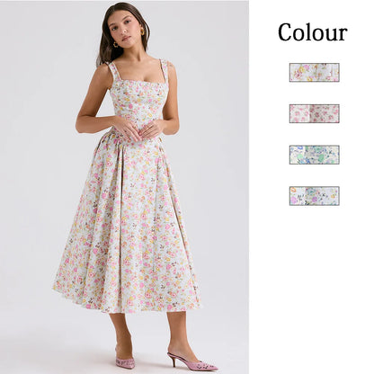 Flower Print Spaghetti Strap Dresses Women Fashion Sexy Backless Low Cut Folds Vacation Style Slim Midi Dress Female Vestidos
