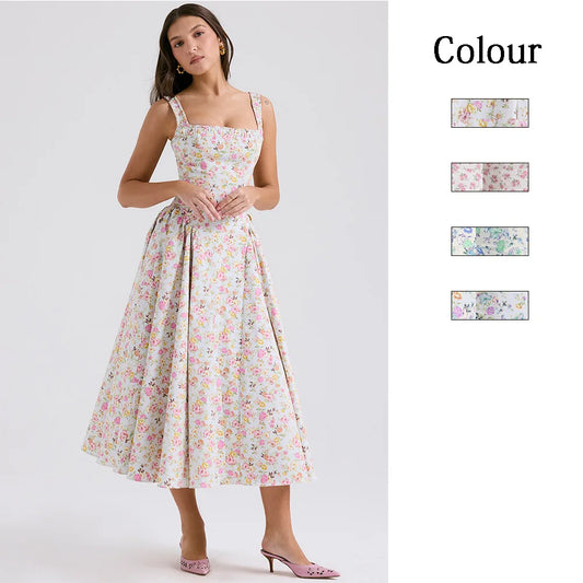 Flower Print Spaghetti Strap Dresses Women Fashion Sexy Backless Low Cut Folds Vacation Style Slim Midi Dress Female Vestidos