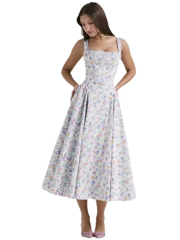 Flower Print Spaghetti Strap Dresses Women Fashion Sexy Backless Low Cut Folds Vacation Style Slim Midi Dress Female Vestidos