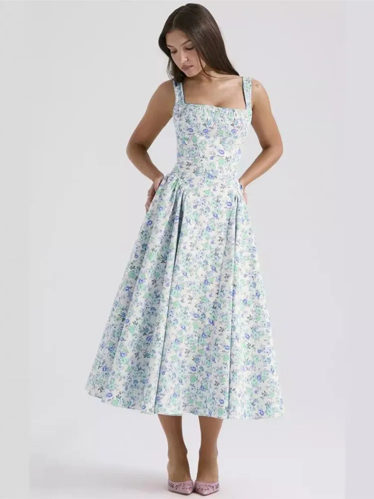 Flower Print Spaghetti Strap Dresses Women Fashion Sexy Backless Low Cut Folds Vacation Style Slim Midi Dress Female Vestidos