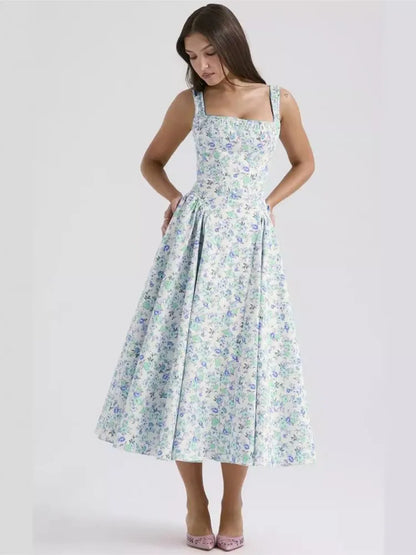 Flower Print Spaghetti Strap Dresses Women Fashion Sexy Backless Low Cut Folds Vacation Style Slim Midi Dress Female Vestidos