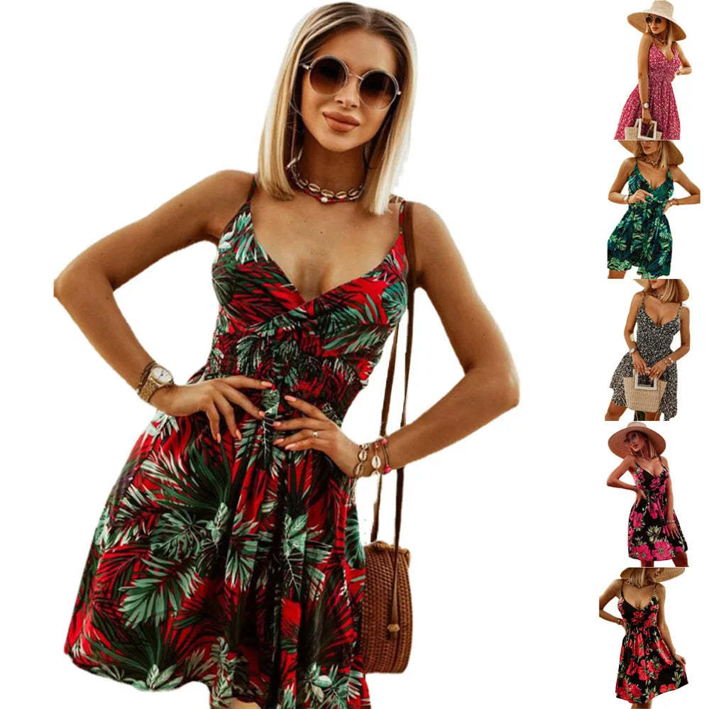 Flower Print Spaghetti Strap Mini Dresses Women Fashion Sexy V-neck Backless Short Dress Trendy Vacation Vestidos Streetwear