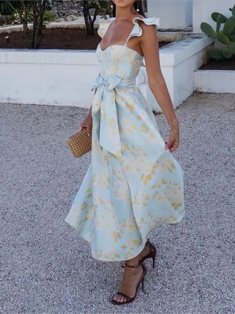 Flowers Print Sleeveless Long Dresses Women Sexy Low Cut Backless Bowknot Leace-up Slit Dress Temperament Lady Vestidos 2025 New