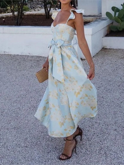 Flowers Print Sleeveless Long Dresses Women Sexy Low Cut Backless Bowknot Leace-up Slit Dress Temperament Lady Vestidos 2025 New